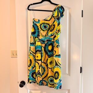 Trina Turk Yellow and Blue One-Shoulder Dress